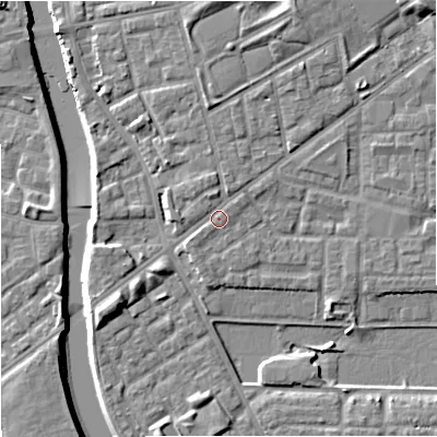 Shaded relief map of the ground around M71LG, computed from Environment Agency LiDAR. The ground here sits at about 29 m above sea level and falls 9 m across the surrounding 800 m. Surface water reaching this point runs off ground lying to the north-north-west, 1.3 m higher.