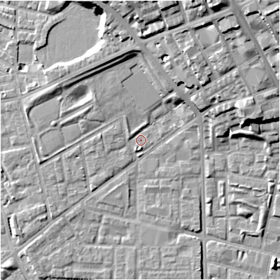Shaded relief map of the ground around M71LH, computed from Environment Agency LiDAR. The ground here sits at about 29 m above sea level and falls 25 m across the surrounding 800 m. Surface water reaching this point runs off ground lying to the north, 8.4 m higher.