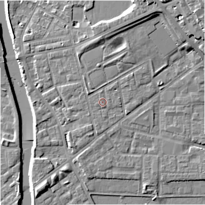 Shaded relief map of the ground around M71LR, computed from Environment Agency LiDAR. The ground here sits at about 30 m above sea level and falls 16 m across the surrounding 800 m. Surface water reaching this point runs off ground lying to the west-south-west, 0.7 m higher.