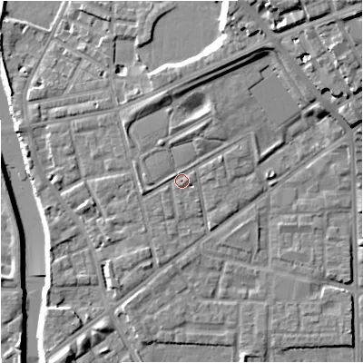 Shaded relief map of the ground around M71LS, computed from Environment Agency LiDAR. The ground here sits at about 30 m above sea level and falls 21 m across the surrounding 800 m. Surface water reaching this point runs off ground lying to the north-north-west, 1.4 m higher.