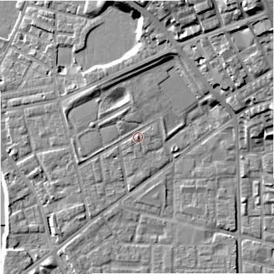 Shaded relief map of the ground around M71LT, computed from Environment Agency LiDAR. The ground here sits at about 30 m above sea level and falls 24 m across the surrounding 800 m. Surface water reaching this point runs off ground lying to the north-north-east, 6.0 m higher.