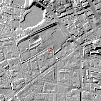 Shaded relief map of the ground around M71LU, computed from Environment Agency LiDAR. The ground here sits at about 30 m above sea level and falls 26 m across the surrounding 800 m. Surface water reaching this point runs off ground lying to the north-east, 0.8 m higher.