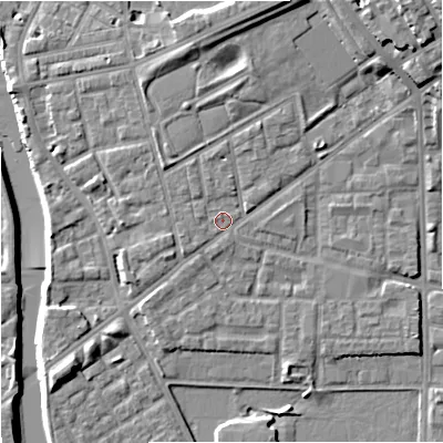 Shaded relief map of the ground around M71LZ, computed from Environment Agency LiDAR. The ground here sits at about 29 m above sea level and falls 16 m across the surrounding 800 m. Surface water reaching this point runs off ground lying to the north-west, 2.0 m higher.