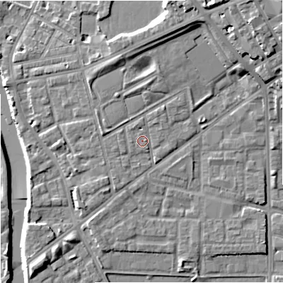 Shaded relief map of the ground around M71NB, computed from Environment Agency LiDAR. The ground here sits at about 29 m above sea level and falls 18 m across the surrounding 800 m. Surface water reaching this point runs off ground lying to the north-north-east, 6.8 m higher.