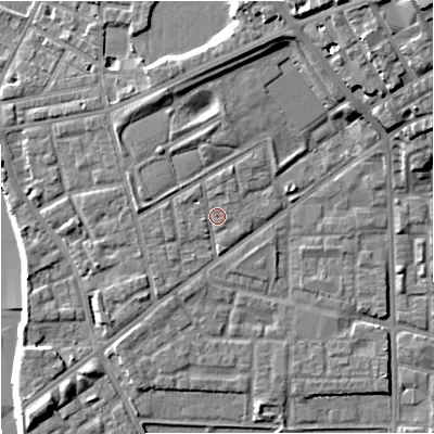 Shaded relief map of the ground around M71ND, computed from Environment Agency LiDAR. The ground here sits at about 29 m above sea level and falls 21 m across the surrounding 800 m. Surface water reaching this point runs off ground lying to the north-north-east, 6.8 m higher.