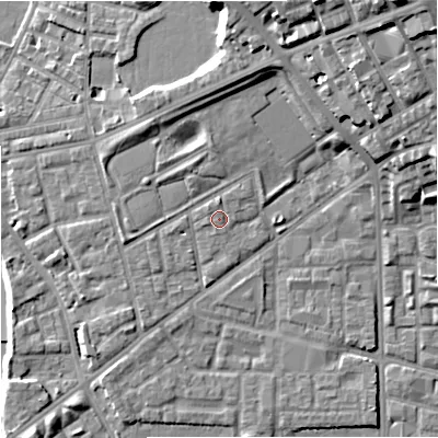 Shaded relief map of the ground around M71NE, computed from Environment Agency LiDAR. The ground here sits at about 30 m above sea level and falls 23 m across the surrounding 800 m. Surface water reaching this point runs off ground lying to the north, 1.0 m higher.