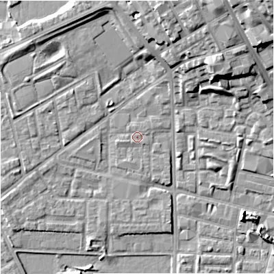 Shaded relief map of the ground around M71NF, computed from Environment Agency LiDAR. The ground here sits at about 28 m above sea level and falls 22 m across the surrounding 800 m. Surface water reaching this point runs off ground lying to the north, 0.5 m higher.