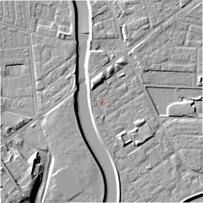 Shaded relief map of the ground around M71NG, computed from Environment Agency LiDAR. The ground here sits at about 29 m above sea level and falls 16 m across the surrounding 800 m. Surface water reaching this point runs off ground lying to the north-north-west, 4.2 m higher.