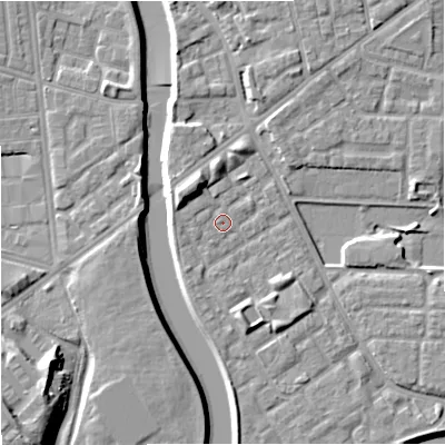 Shaded relief map of the ground around M71NJ, computed from Environment Agency LiDAR. The ground here sits at about 28 m above sea level and falls 15 m across the surrounding 800 m. Surface water reaching this point runs off ground lying to the west-north-west, 0.9 m higher.