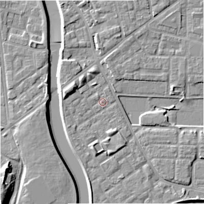 Shaded relief map of the ground around M71NL, computed from Environment Agency LiDAR. The ground here sits at about 28 m above sea level and falls 12 m across the surrounding 800 m. Surface water reaching this point runs off ground lying to the north-west, 0.9 m higher.