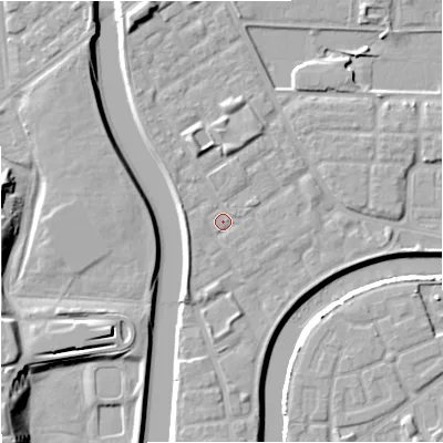 Shaded relief map of the ground around M71NP, computed from Environment Agency LiDAR. The ground here sits at about 28 m above sea level and falls 13 m across the surrounding 800 m. Surface water reaching this point runs off ground lying to the north-north-west, 2.8 m higher.