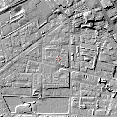Shaded relief map of the ground around M71NQ, computed from Environment Agency LiDAR. The ground here sits at about 28 m above sea level and falls 18 m across the surrounding 800 m. Surface water reaching this point runs off ground lying to the north-west, 0.9 m higher.