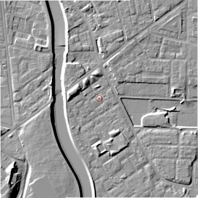 Shaded relief map of the ground around M71NR, computed from Environment Agency LiDAR. The ground here sits at about 28 m above sea level and falls 11 m across the surrounding 800 m. Surface water reaching this point runs off ground lying to the west-north-west, 4.7 m higher.