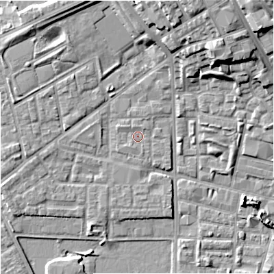 Shaded relief map of the ground around M71NX, computed from Environment Agency LiDAR. The ground here sits at about 28 m above sea level and falls 20 m across the surrounding 800 m. Surface water reaching this point runs off ground lying to the north-west, 0.9 m higher.