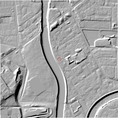 Shaded relief map of the ground around M71NY, computed from Environment Agency LiDAR. The ground here sits at about 28 m above sea level and falls 16 m across the surrounding 800 m. Surface water reaching this point runs off ground lying to the north-west, 0.8 m higher.