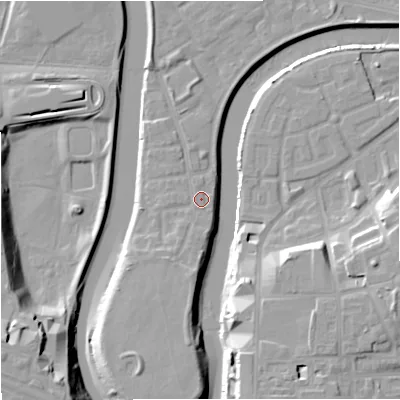 Shaded relief map of the ground around M71PA, computed from Environment Agency LiDAR. The ground here sits at about 29 m above sea level and falls 18 m across the surrounding 800 m. Surface water reaching this point runs off ground lying to the south, 2.6 m higher.