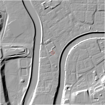 Shaded relief map of the ground around M71PD, computed from Environment Agency LiDAR. The ground here sits at about 28 m above sea level and falls 16 m across the surrounding 800 m. Surface water reaching this point runs off ground lying to the south, 4.3 m higher.