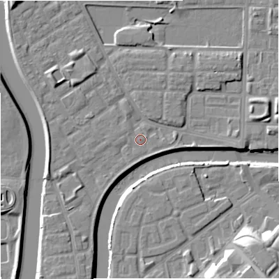 Shaded relief map of the ground around M71PE, computed from Environment Agency LiDAR. The ground here sits at about 27 m above sea level and falls 16 m across the surrounding 800 m. Surface water reaching this point runs off ground lying to the south-south-west, 2.9 m higher.