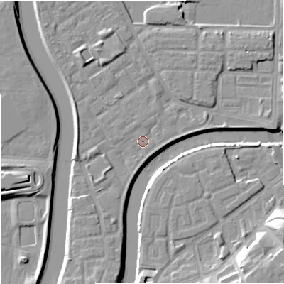 Shaded relief map of the ground around M71PF, computed from Environment Agency LiDAR. The ground here sits at about 27 m above sea level and falls 15 m across the surrounding 800 m. Surface water reaching this point runs off ground lying to the south-south-west, 3.7 m higher.