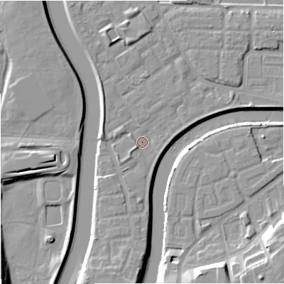 Shaded relief map of the ground around M71PH, computed from Environment Agency LiDAR. The ground here sits at about 27 m above sea level and falls 14 m across the surrounding 800 m. Surface water reaching this point runs off ground lying to the south, 4.6 m higher.