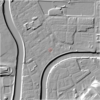 Shaded relief map of the ground around M71PJ, computed from Environment Agency LiDAR. The ground here sits at about 28 m above sea level and falls 15 m across the surrounding 800 m. Surface water reaching this point runs off ground lying to the south-south-west, 2.9 m higher.