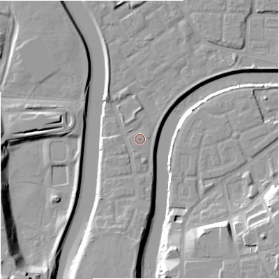 Shaded relief map of the ground around M71PN, computed from Environment Agency LiDAR. The ground here sits at about 28 m above sea level and falls 17 m across the surrounding 800 m. Surface water reaching this point runs off ground lying to the west-south-west, 0.8 m higher.