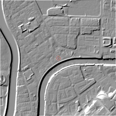 Shaded relief map of the ground around M71PP, computed from Environment Agency LiDAR. The ground here sits at about 27 m above sea level and falls 16 m across the surrounding 800 m. Surface water reaching this point runs off ground lying to the south-south-west, 3.2 m higher.