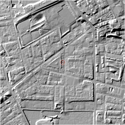 Shaded relief map of the ground around M71PR, computed from Environment Agency LiDAR. The ground here sits at about 28 m above sea level and falls 18 m across the surrounding 800 m. Surface water reaching this point runs off ground lying to the north-east, 14.7 m higher.