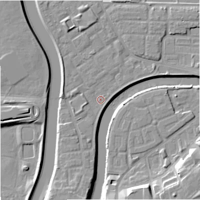 Shaded relief map of the ground around M71PW, computed from Environment Agency LiDAR. The ground here sits at about 27 m above sea level and falls 15 m across the surrounding 800 m. Surface water reaching this point runs off ground lying to the south, 4.7 m higher.