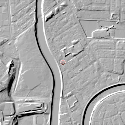 Shaded relief map of the ground around M71PY, computed from Environment Agency LiDAR. The ground here sits at about 28 m above sea level and falls 14 m across the surrounding 800 m. Surface water reaching this point runs off ground lying to the north, 2.6 m higher.