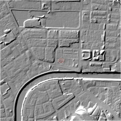 Shaded relief map of the ground around M71QB, computed from Environment Agency LiDAR. The ground here sits at about 27 m above sea level and falls 15 m across the surrounding 800 m. Surface water reaching this point runs off ground lying to the south-west, 3.1 m higher.