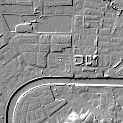 Shaded relief map of the ground around M71QE, computed from Environment Agency LiDAR. The ground here sits at about 27 m above sea level and falls 15 m across the surrounding 800 m. Surface water reaching this point runs off ground lying to the south-east, 1.8 m higher.