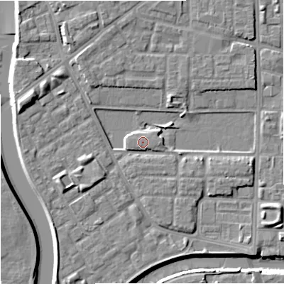 Shaded relief map of the ground around M71QZ, computed from Environment Agency LiDAR. The ground here sits at about 28 m above sea level and falls 10 m across the surrounding 800 m. Surface water reaching this point runs off ground lying to the south-south-west, 1.6 m higher.