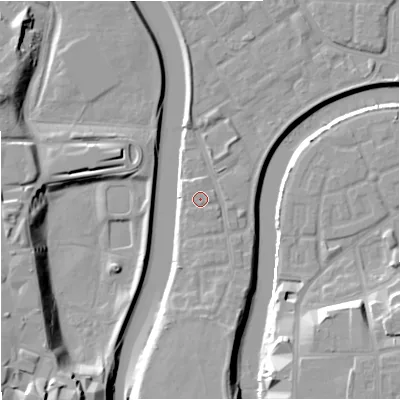 Shaded relief map of the ground around M71RA, computed from Environment Agency LiDAR. The ground here sits at about 29 m above sea level and falls 18 m across the surrounding 800 m. Surface water reaching this point runs off ground lying to the south, 0.7 m higher.