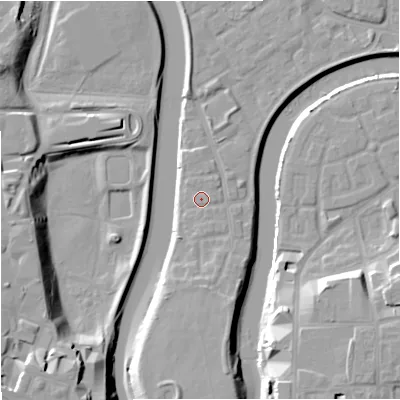 Shaded relief map of the ground around M71RB, computed from Environment Agency LiDAR. The ground here sits at about 29 m above sea level and falls 19 m across the surrounding 800 m. The ground contributing surface water to this point lies to the north-north-east.