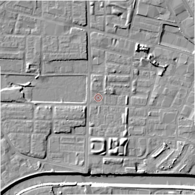 Shaded relief map of the ground around M71RD, computed from Environment Agency LiDAR. The ground here sits at about 26 m above sea level and falls 10 m across the surrounding 800 m. Surface water reaching this point runs off ground lying to the north-east, 6.4 m higher.