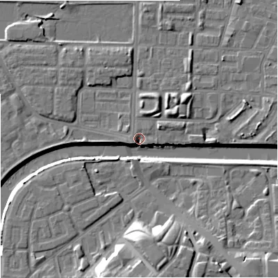 Shaded relief map of the ground around M71RE, computed from Environment Agency LiDAR. The ground here sits at about 27 m above sea level and falls 16 m across the surrounding 800 m. Surface water reaching this point runs off ground lying to the south-west, 5.4 m higher.