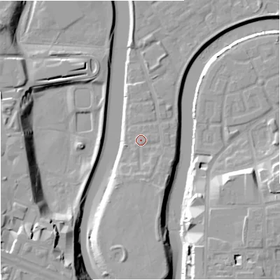 Shaded relief map of the ground around M71RF, computed from Environment Agency LiDAR. The ground here sits at about 30 m above sea level and falls 19 m across the surrounding 800 m. Surface water reaching this point runs off ground lying to the south, 1.8 m higher.
