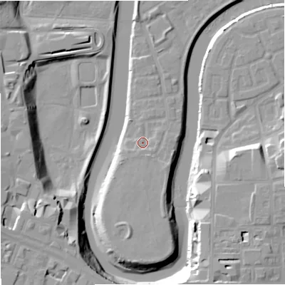 Shaded relief map of the ground around M71RG, computed from Environment Agency LiDAR. The ground here sits at about 30 m above sea level and falls 19 m across the surrounding 800 m. Surface water reaching this point runs off ground lying to the south-east, 1.8 m higher.