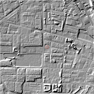 Shaded relief map of the ground around M71RH, computed from Environment Agency LiDAR. The ground here sits at about 26 m above sea level and falls 18 m across the surrounding 800 m. Surface water reaching this point runs off ground lying to the north, 1.6 m higher.