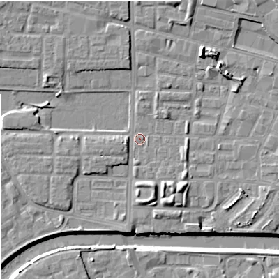 Shaded relief map of the ground around M71RQ, computed from Environment Agency LiDAR. The ground here sits at about 26 m above sea level and falls 9 m across the surrounding 800 m. Surface water reaching this point runs off ground lying to the north-east, 6.4 m higher.