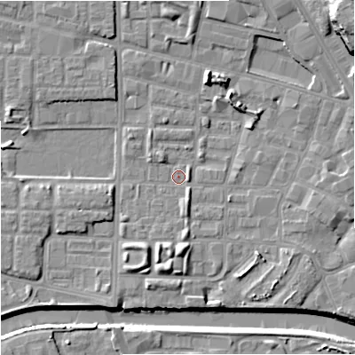 Shaded relief map of the ground around M71RT, computed from Environment Agency LiDAR. The ground here sits at about 26 m above sea level and falls 18 m across the surrounding 800 m. Surface water reaching this point runs off ground lying to the north-north-east, 6.4 m higher.