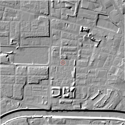 Shaded relief map of the ground around M71RU, computed from Environment Agency LiDAR. The ground here sits at about 26 m above sea level and falls 14 m across the surrounding 800 m. Surface water reaching this point runs off ground lying to the north-north-east, 6.4 m higher.