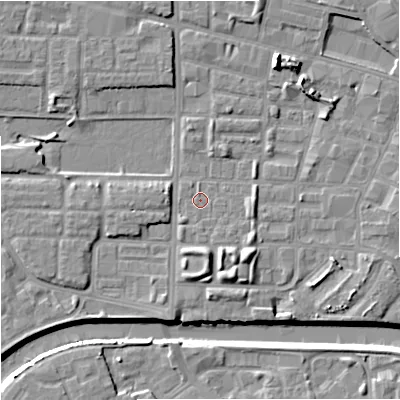 Shaded relief map of the ground around M71RY, computed from Environment Agency LiDAR. The ground here sits at about 27 m above sea level and falls 9 m across the surrounding 800 m. Surface water reaching this point runs off ground lying to the south-east, 1.0 m higher.