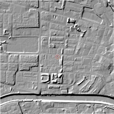Shaded relief map of the ground around M71RZ, computed from Environment Agency LiDAR. The ground here sits at about 26 m above sea level and falls 18 m across the surrounding 800 m. Surface water reaching this point runs off ground lying to the north-north-east, 6.4 m higher.