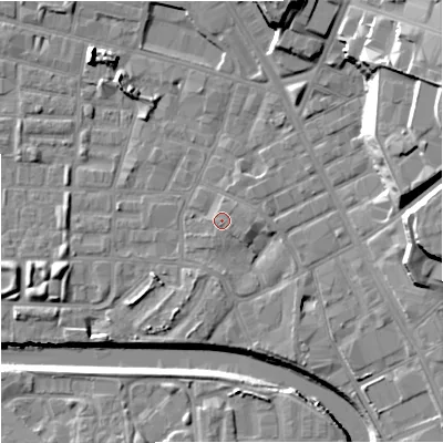 Shaded relief map of the ground around M71SL, computed from Environment Agency LiDAR. The ground here sits at about 28 m above sea level and falls 22 m across the surrounding 800 m. Surface water reaching this point runs off ground lying to the south-east, 0.7 m higher.