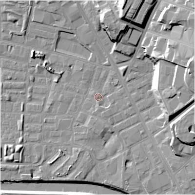 Shaded relief map of the ground around M71SN, computed from Environment Agency LiDAR. The ground here sits at about 27 m above sea level and falls 26 m across the surrounding 800 m. Surface water reaching this point runs off ground lying to the north-north-east, 22.3 m higher.