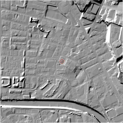 Shaded relief map of the ground around M71SP, computed from Environment Agency LiDAR. The ground here sits at about 27 m above sea level and falls 23 m across the surrounding 800 m. Surface water reaching this point runs off ground lying to the south-east, 1.6 m higher.
