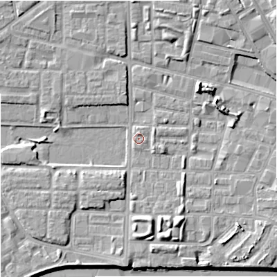 Shaded relief map of the ground around M71SR, computed from Environment Agency LiDAR. The ground here sits at about 27 m above sea level and falls 10 m across the surrounding 800 m. Surface water reaching this point runs off ground lying to the north-east, 6.4 m higher.