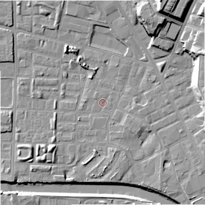 Shaded relief map of the ground around M71SS, computed from Environment Agency LiDAR. The ground here sits at about 27 m above sea level and falls 26 m across the surrounding 800 m. Surface water reaching this point runs off ground lying to the south-east, 1.8 m higher.